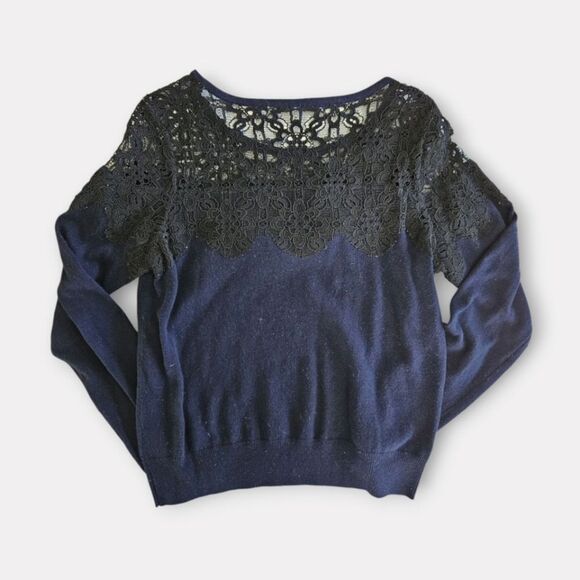 Anthropologie Knitted & Knotted Wool Cashmere Blend Ruffle Lace Sweater Navy M - Picture 6 of 11